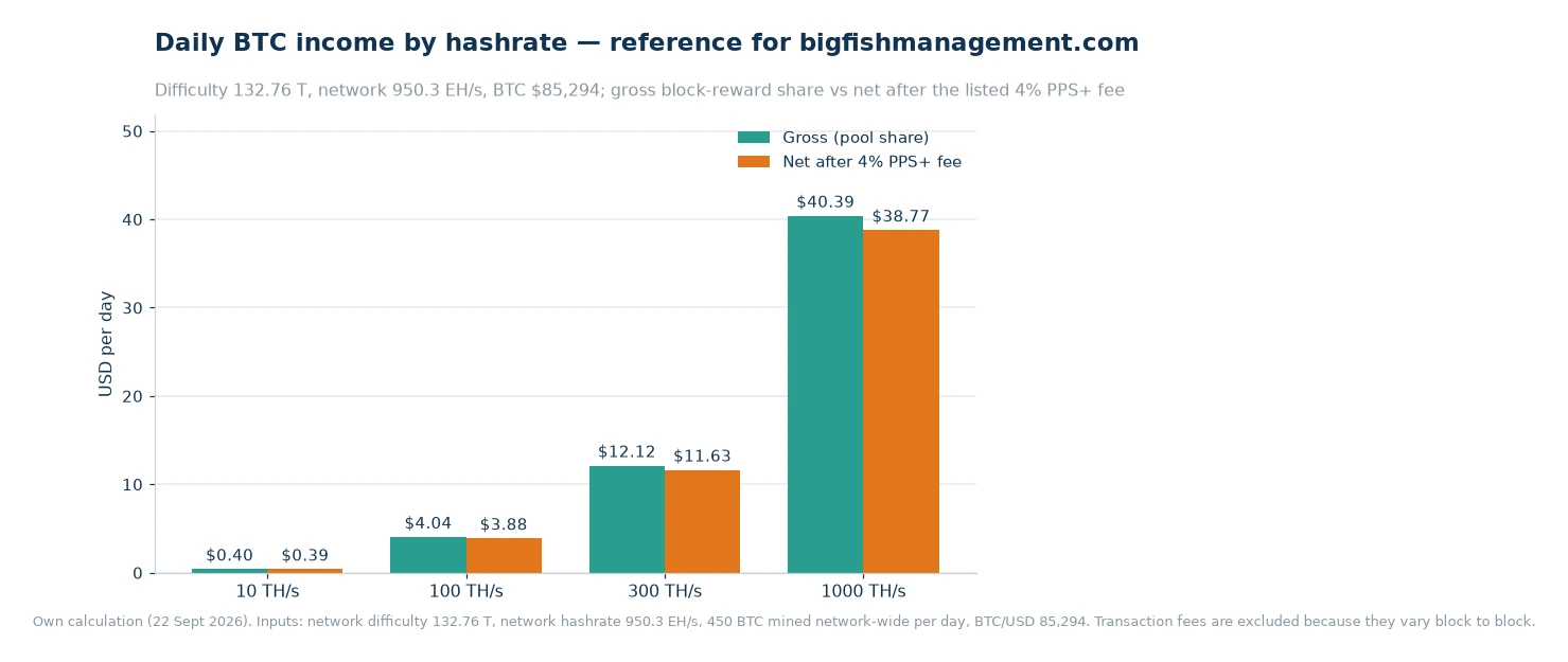 Bar chart of gross and net daily income at 10, 100, 300 and 1000 terahashes per second after the listed 4% fee