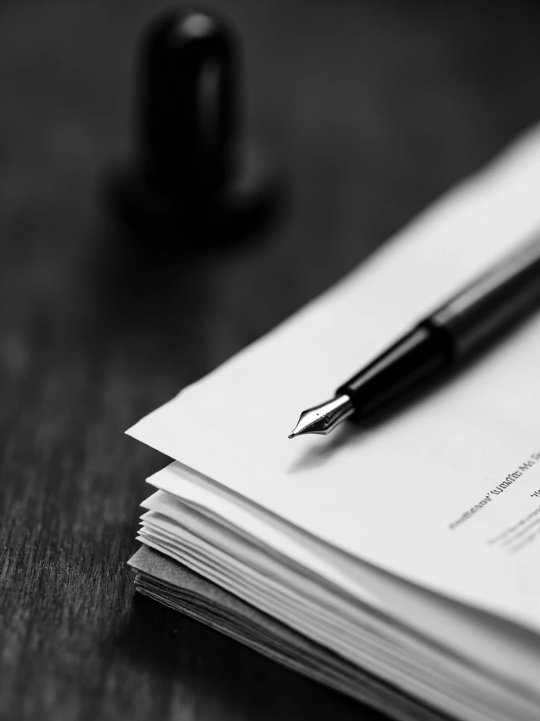 A stack of paper contracts and a fountain pen on a wooden desk, in editorial sepia.