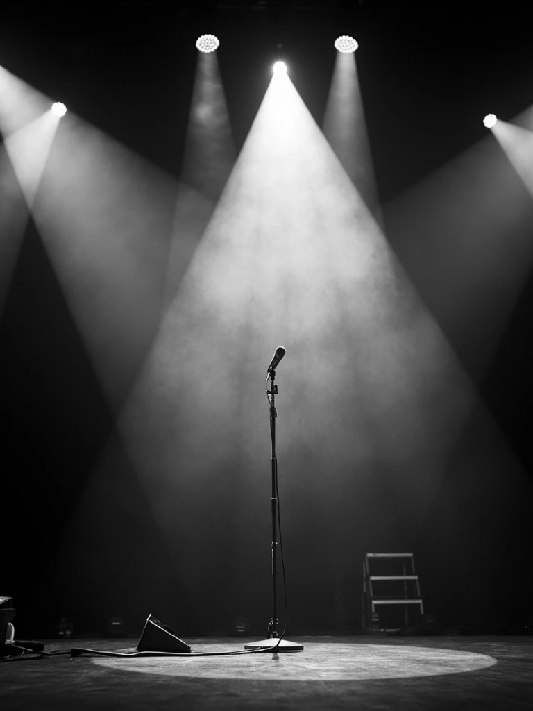 An empty concert stage at soundcheck with a single microphone, in editorial sepia.
